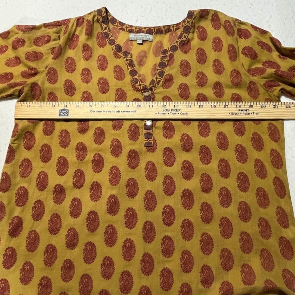 World Market Womens L/XL Yellow Paisley Cotton Tunic Blouse Boho Peasant - Picture 4 of 6